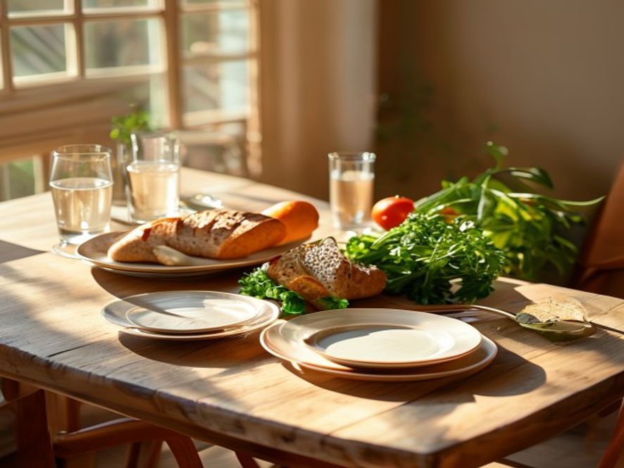 Wooden dining table set with plates, fresh vegetables, bread, and water glasses in warm afternoon light