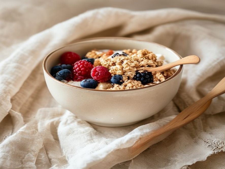 Ceramic bowl with granola, berries, and yogurt on a light linen cloth with a wooden spoon