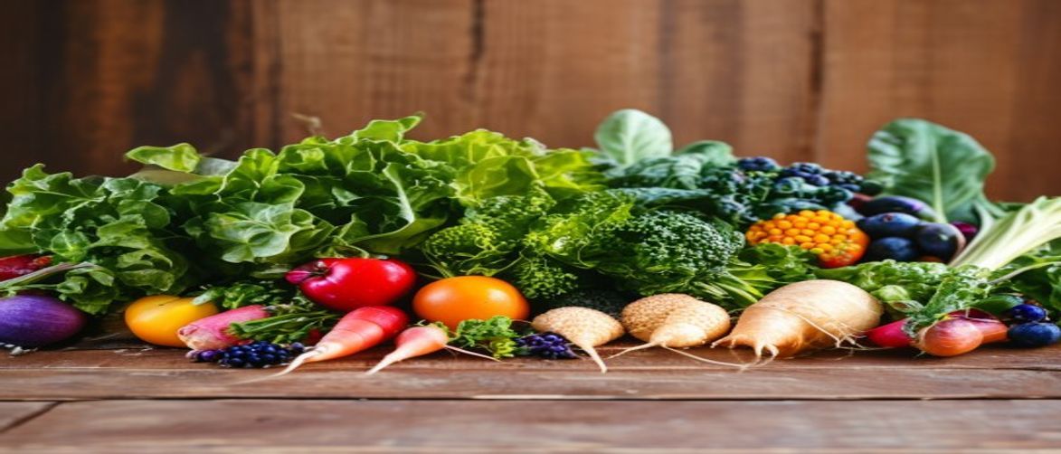 Colourful array of fresh vegetables, grains, and herbs arranged on a wooden surface with natural window light